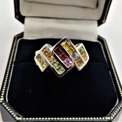 Tutti Frutti Multi Gemstone Ring Sterling Silver New with Gift Pouch