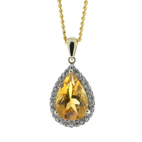 9ct Yellow Gold Citrine Diamond Cluster Pendant (C2.79) 0.08 Carats