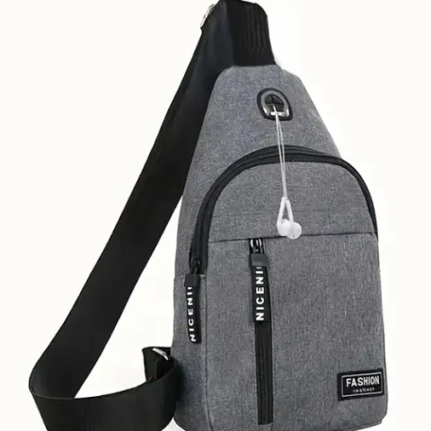Grey Unisex Chest Bag With Earphone Hole Canvas Bag L16