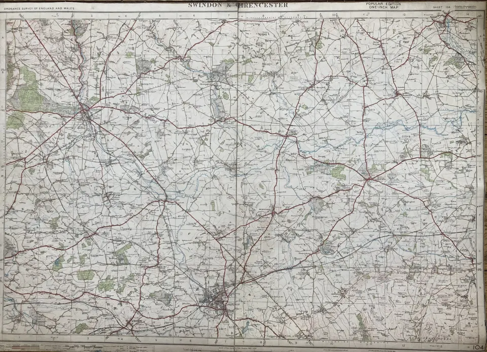 Swindon & Cirencester, Cloth Backed Vintage 1933 Engineering Map.