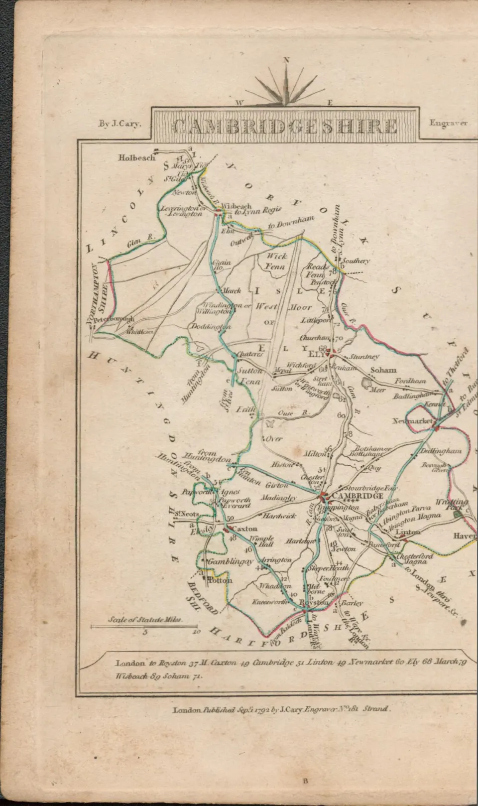 John Cary’s 1791  230 Yrs Old Engraved Map Buckinghamshire & Cambridgeshire.