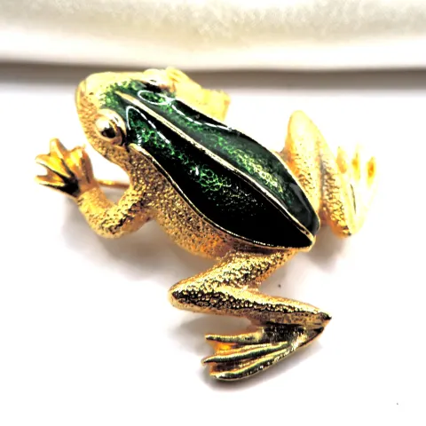 Vintage Gold Plated Enamel Frog Brooch with Gift Pouch