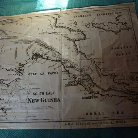 Rare - South East New Guinea Linen Map - G.W. Bacon & Co. - Showing LMS Stations - Ca.190
