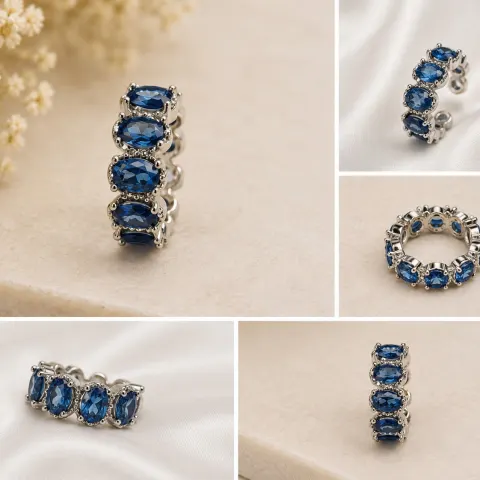 Blue Oval Gemstone Eternity Ring – Silver Tone