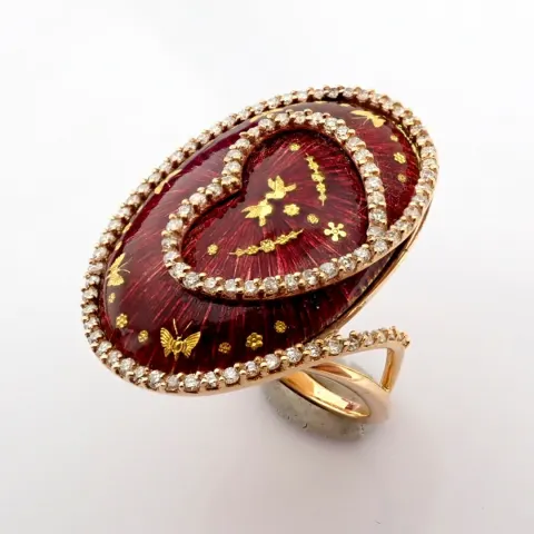 An Exquisite 18K Yellow Gold Ring Detailed With Red Enamel , Grains of Gold Dust and Brilliant Diamo