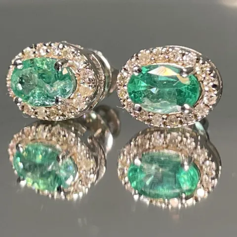 Beautiful Natural Emerald Halo Set Stud Earrings 18k White Gold