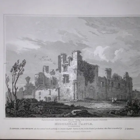 Middleham Castle Yorkshire 190 Years-Old Rare John Britton Antique Steel Engraving-107
