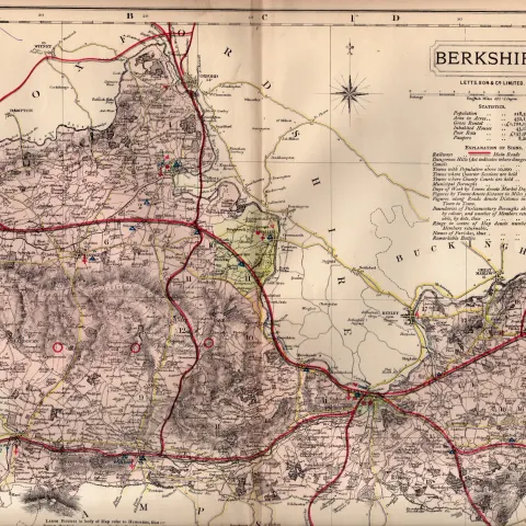 County of Berkshire Large Victorian Letts 1884 Antique Coloured Map.