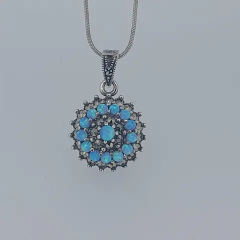 Silver and Synthetic Opal Pendant With Marcasite Halo and Snake Chain