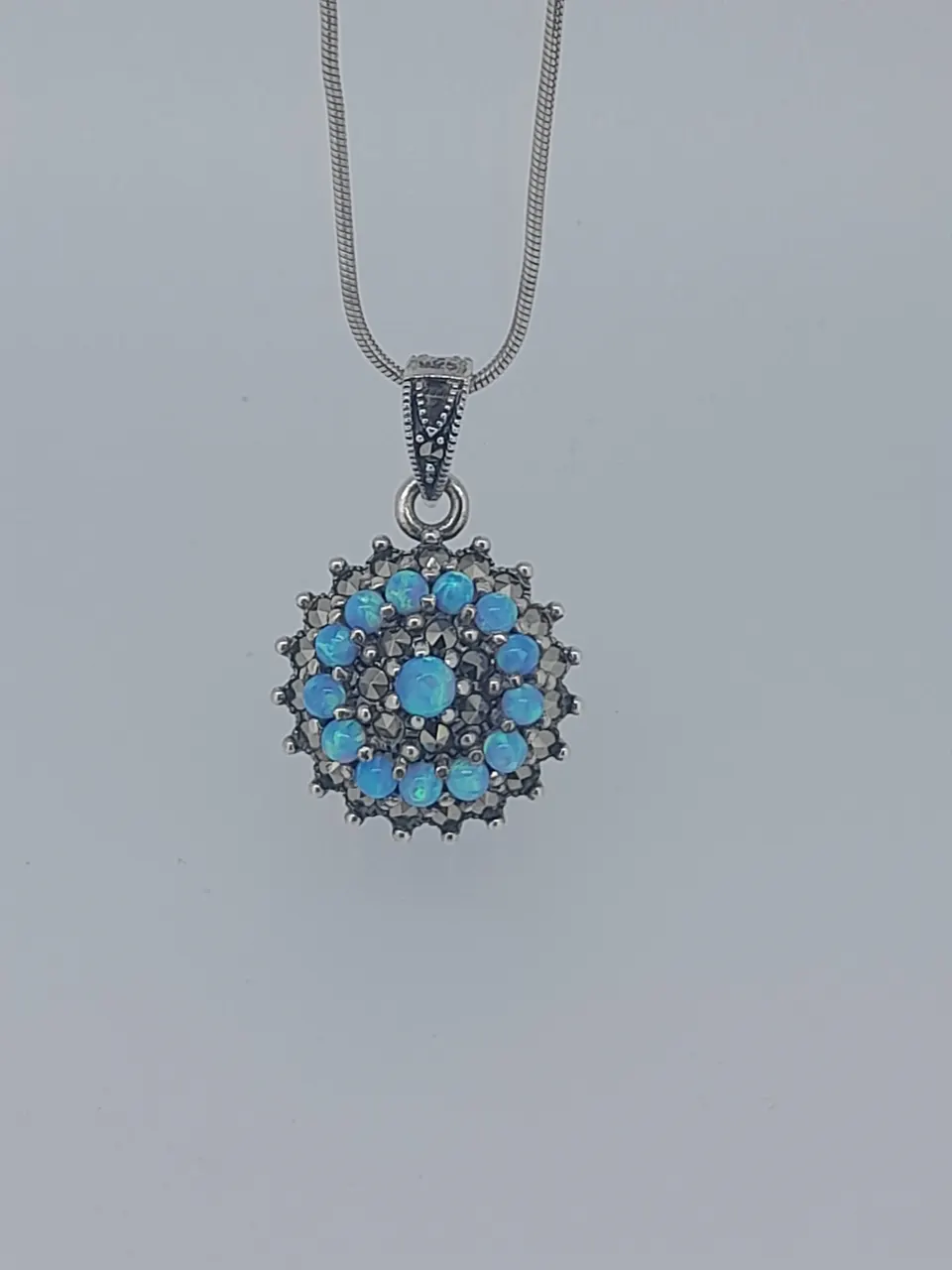 Silver and Synthetic Opal Pendant With Marcasite Halo and Snake Chain