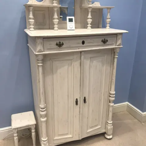 Painted French Style Pine Cabinet With Ornate Mirrored Top
