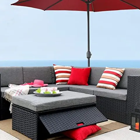 Carfin black wicker corner sofa set with coffee table and storage