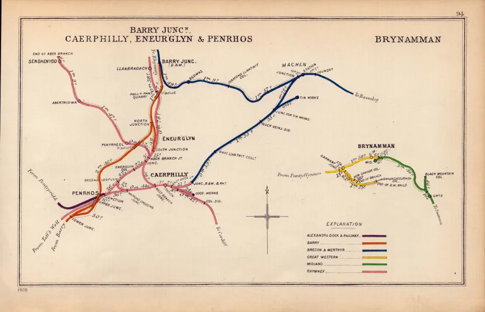 Barry Junction, Caerphilly, Penrhos, Wales Antique Railway Diagram-94.
