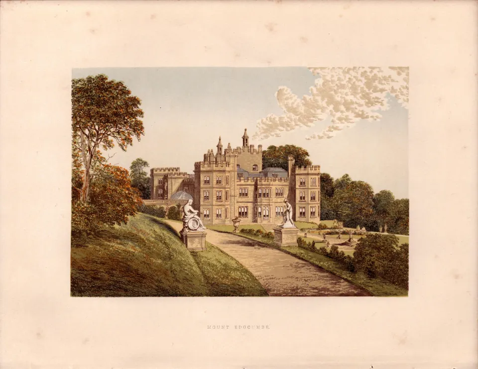 Mount Edgcumbe Cornwall Gilt-Edge Coloured Antique Book Plate.