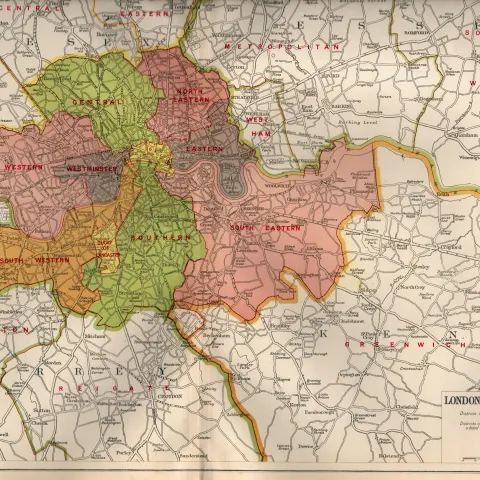 Bacons Vintage 98 Years-Old London Suburbs Coroners Districts Detailed Coloured Map.