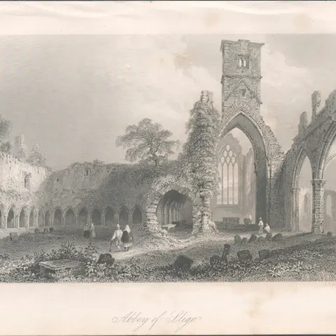 Antique Steel Engraving 1850s The Abbey of Sligo.
