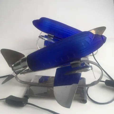 1978 Rare Imported ‘Pair of DC 3’ Desk/Table Lamps In Colbalt Blue Glass and Chrome, Sarsaparilla