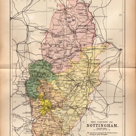 County of Nottinghamshire 1895 Antique Victorian Coloured Map.