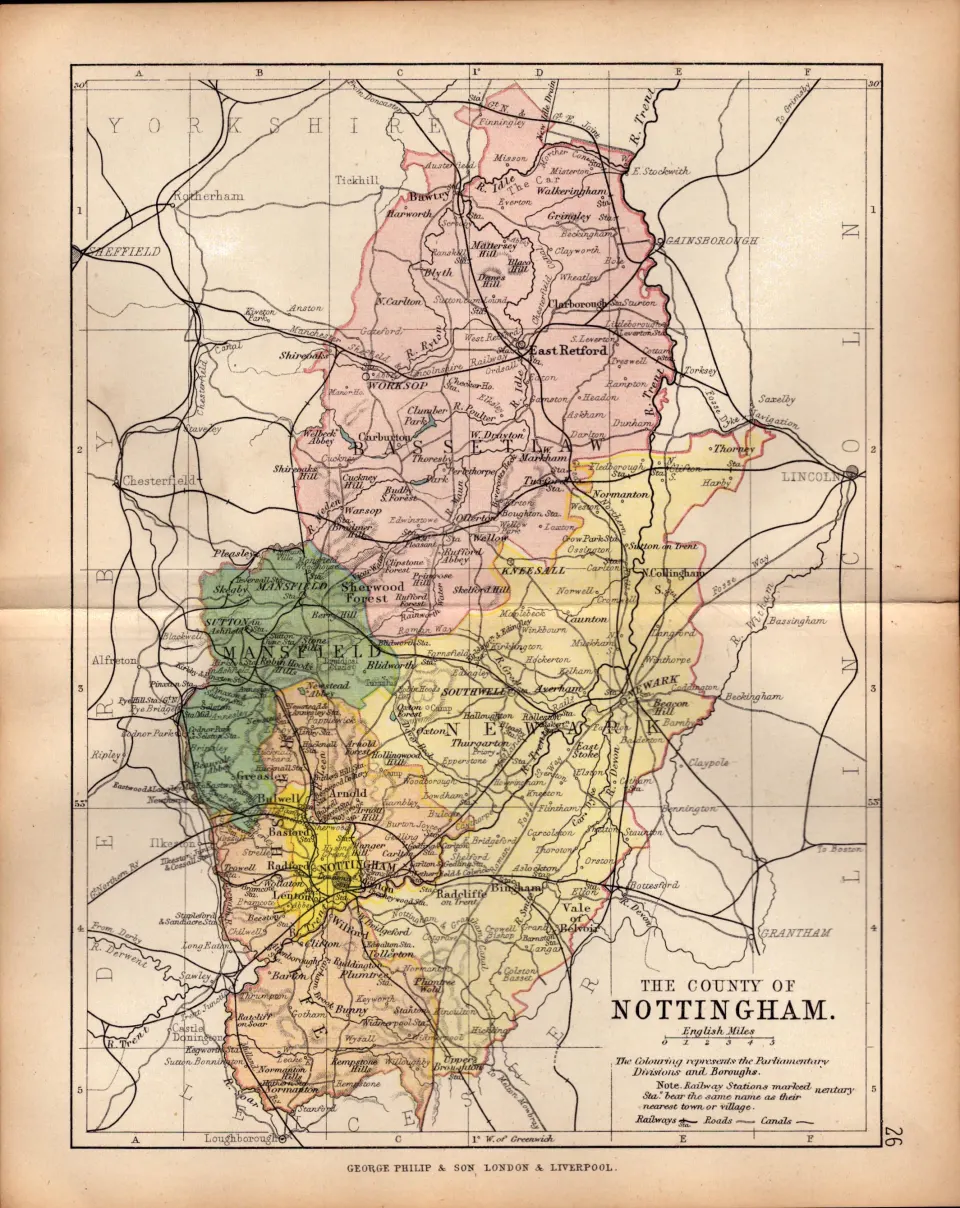 County of Nottinghamshire 1895 Antique Victorian Coloured Map.