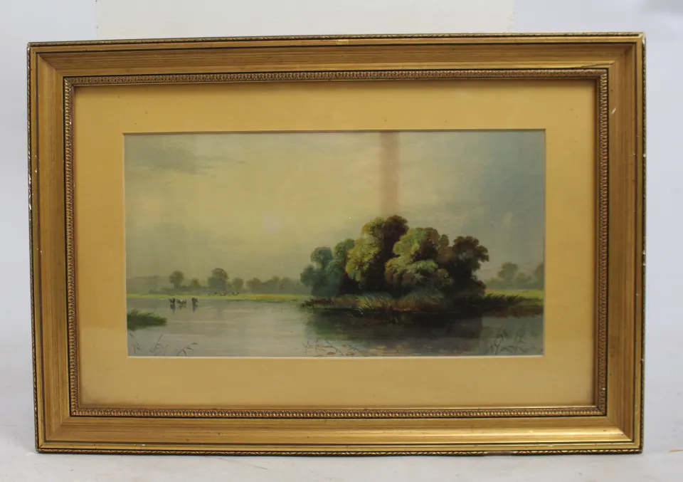 Antique Landscape Print Set in Gilt Frame