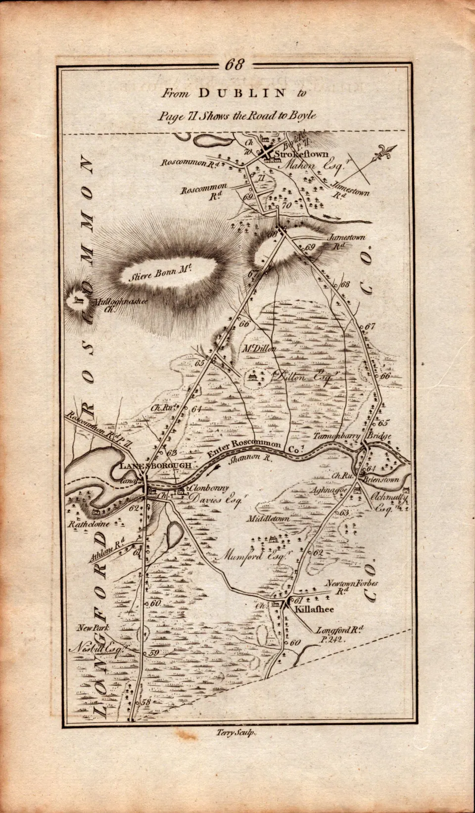 Ireland Rare Antique 1777 Map  Co Roscommon Co Longford Co Westmeath Areas. This Rare Irish Road Map