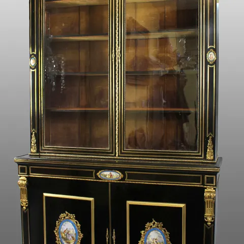French Brass Inlaid Ebonized Bookcase with Sevres Plaques c.1820