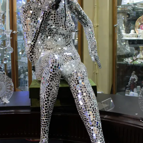 Large Mirrored Mosaic Female Figure Sculpture with Hat