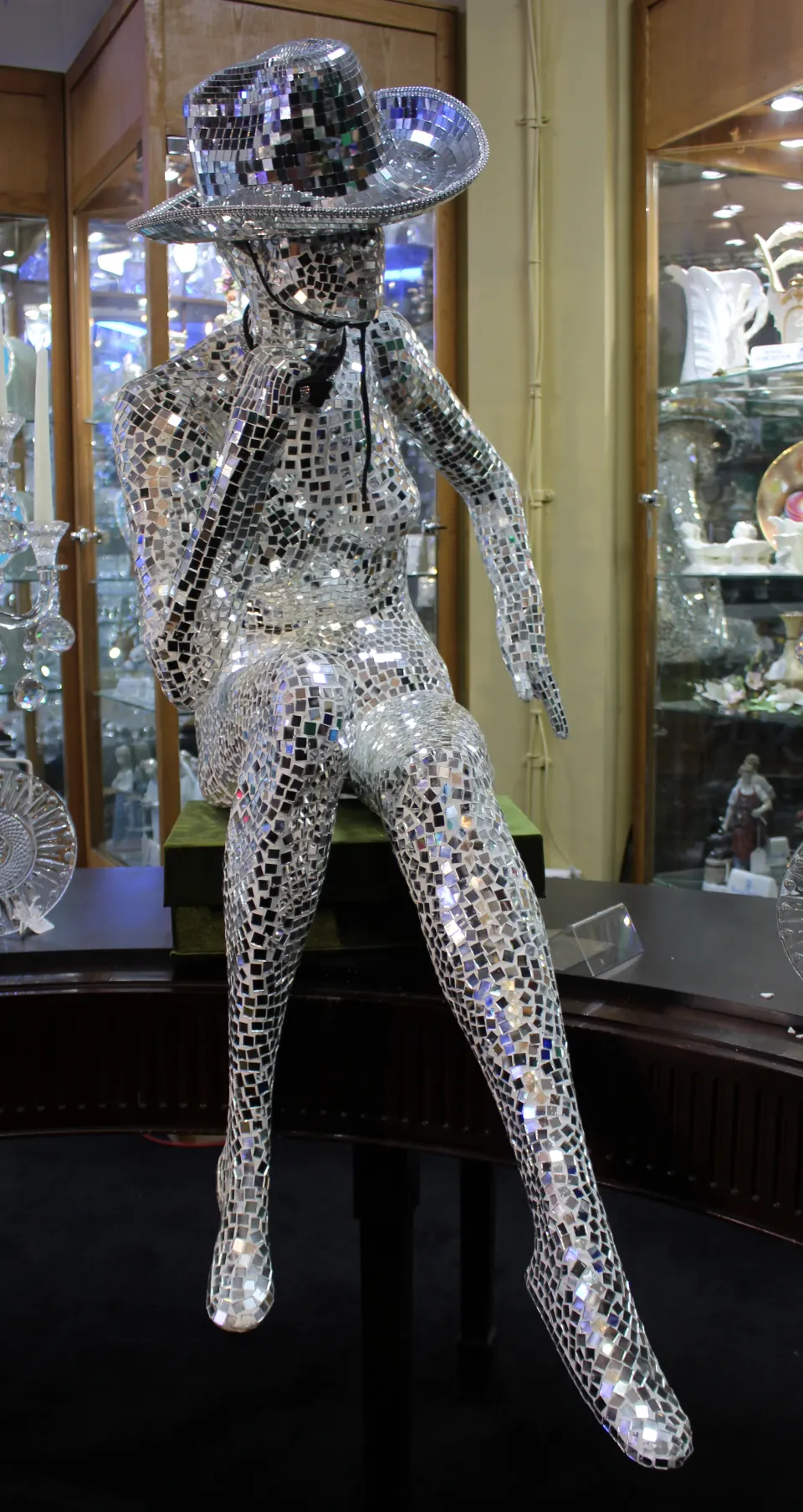 Large Mirrored Mosaic Female Figure Sculpture with Hat