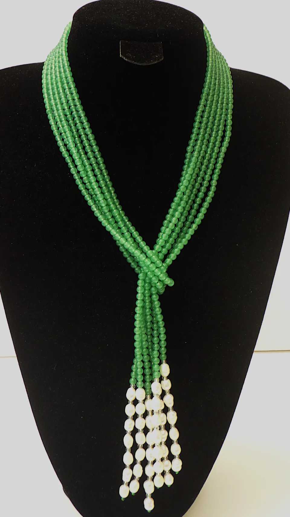 "Lariat" With Three Long Strands With Green Jade and White Natural Cultured Pearls