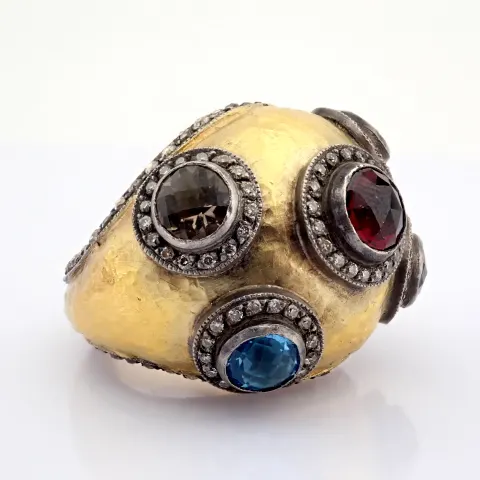 24K Yellow Gold Exquisite Ring Detailed With Semi Precious Stones and Gold In Silver