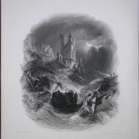 Dunstanborough Castle At Night  WH Bartlett 183 Years-Old Antique Steel Engraving-58