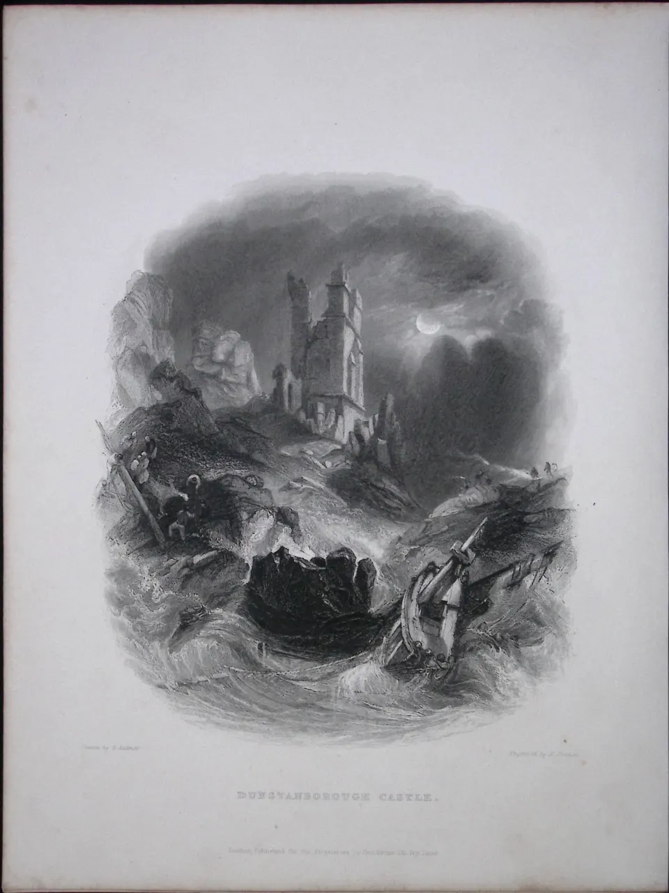 Dunstanborough Castle At Night  WH Bartlett 183 Years-Old Antique Steel Engraving-58