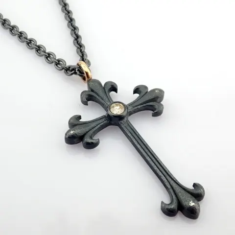 Cross Necklace Detailed With Brilliant Diamonds and 18K Gold On Silver