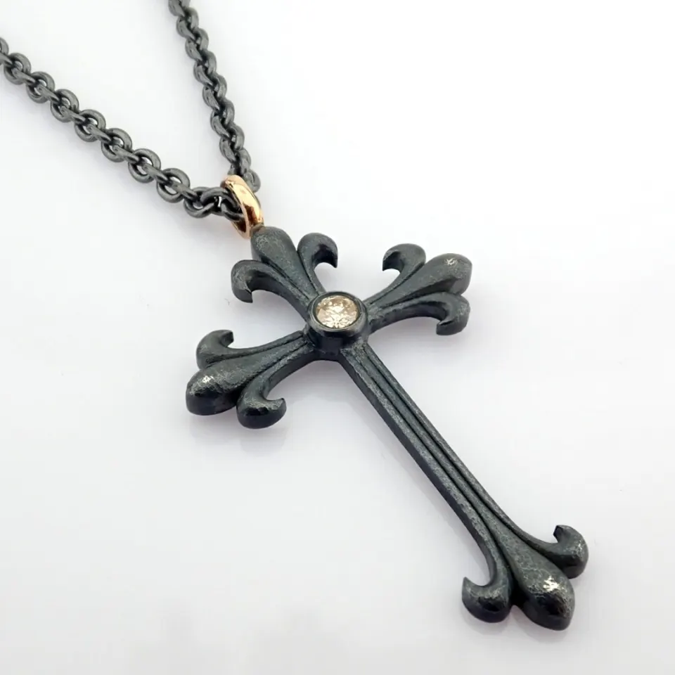Cross Necklace Detailed With Brilliant Diamonds and 18K Gold On Silver