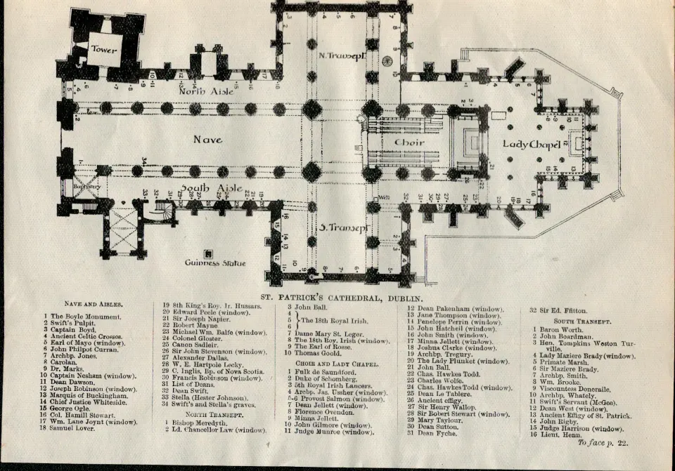 Detailed Plan St Patricks Cathedral Dublin Antique Map.