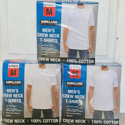3 x Kirkland Mens Crew Neck White T-Shirts (Size: Medium/Pack of 6) New Sealed Packs