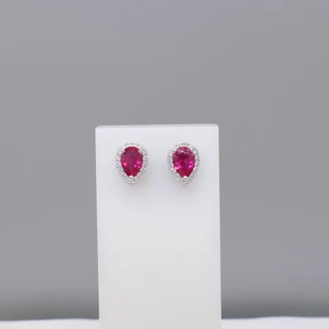 Pair of Sterling Silver Ear Studs Set Red and White Stone Halos