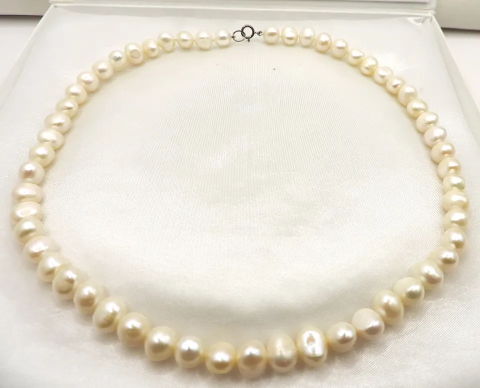 Single Strand 7mm Cultured Pearl Necklace Silver Clasp With Gift Pouch
