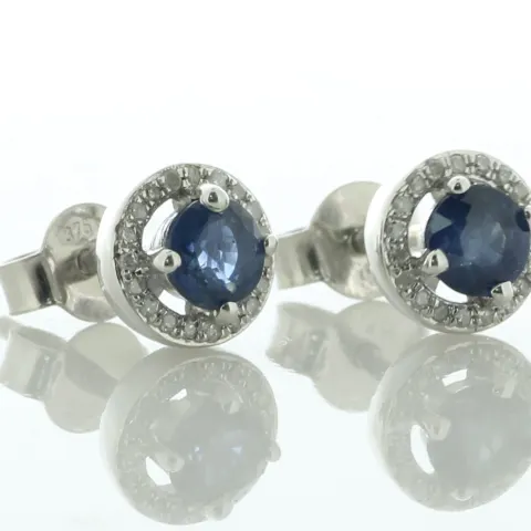 9ct White Gold Single Stone With Halo Sapphire Diamond Stud Earring (S0.51) 0.10 Carats