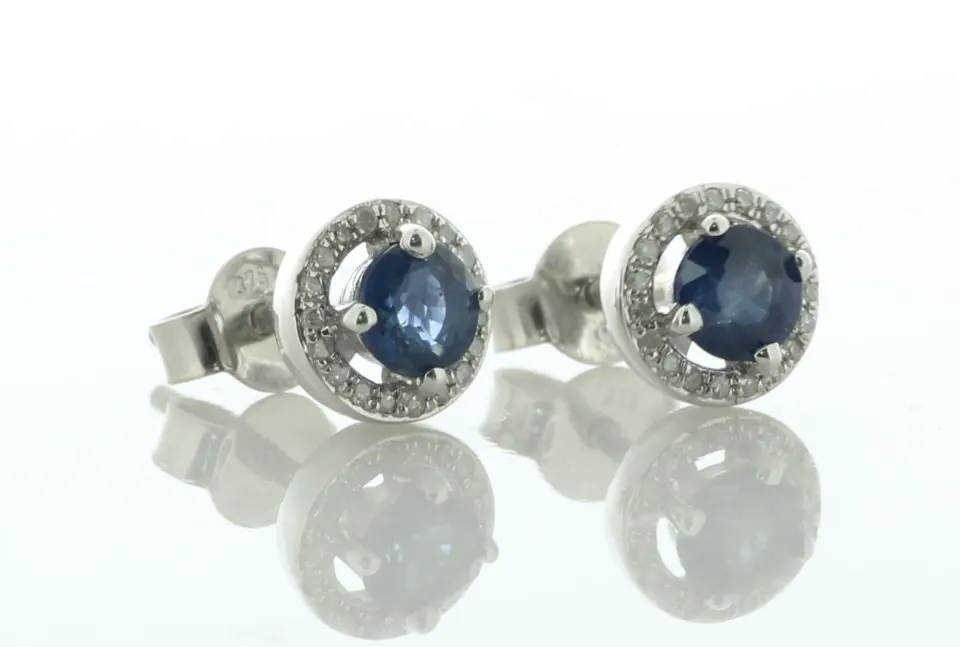 9ct White Gold Single Stone With Halo Sapphire Diamond Stud Earring (S0.51) 0.10 Carats