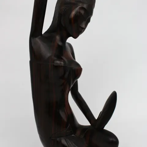 Vintage Balinese Hardwood Sculpture – 'Woman with Mirror' – Signed PARTA