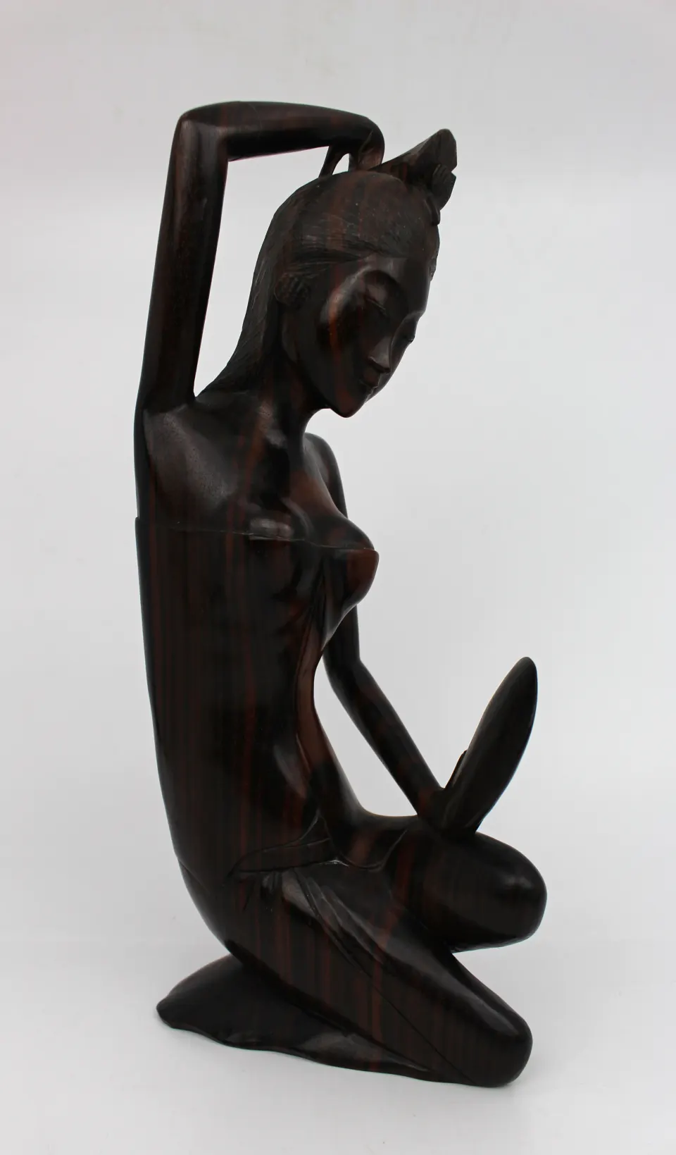 Vintage Balinese Hardwood Sculpture – 'Woman with Mirror' – Signed PARTA