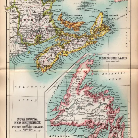 Nova Scotia Newfoundland Double Sided Antique 1896 Map.