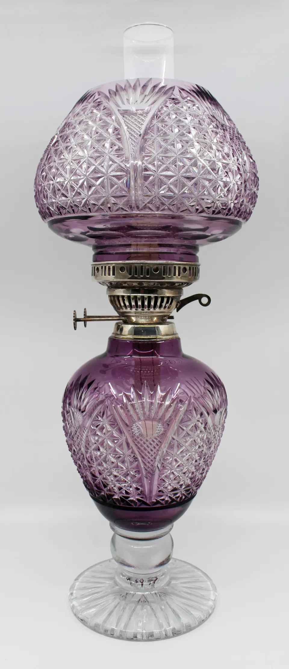 Very Fine English Cut Glass Amethyst Overlay Crystal Oil Lamp