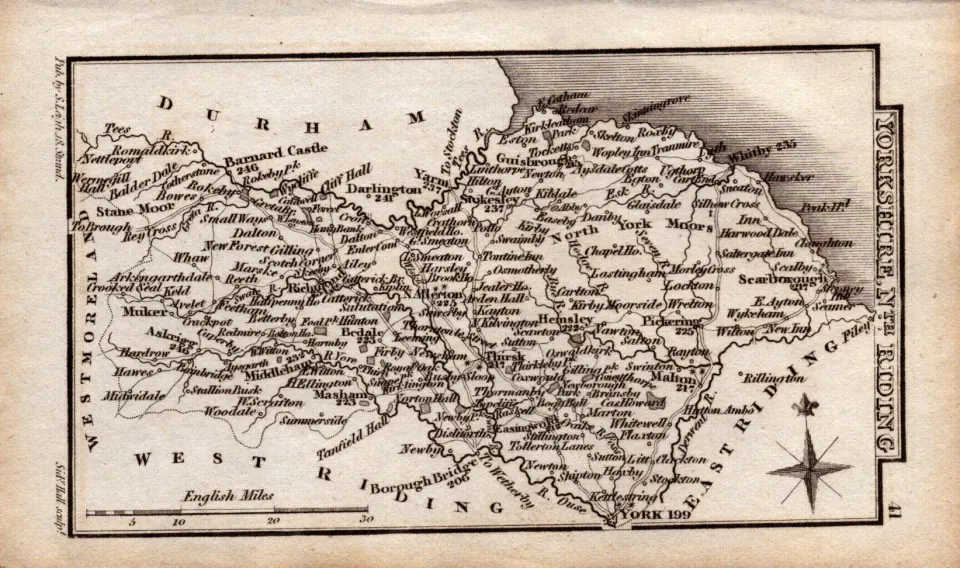 Yorkshire North Riding Antique Copper Engraved George IV Map by Sidney Hall.