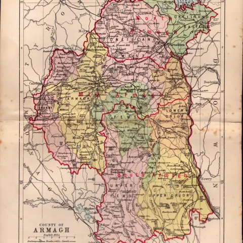 County of Armagh Ireland Antique Detailed Coloured Victorian Map.