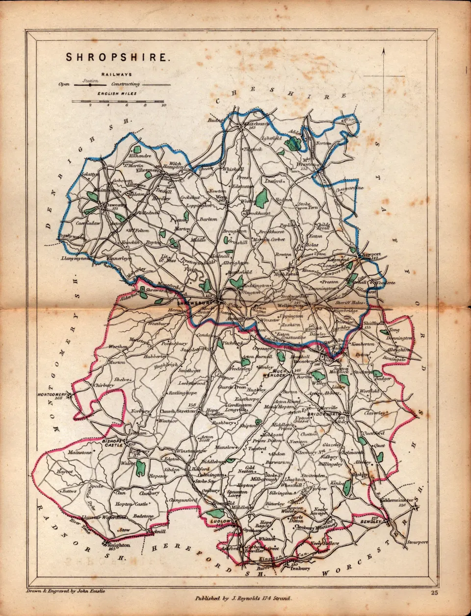 Antique Railway Map of Shropshire Drawn & Engraved by John Emslie.