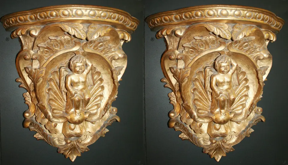 Pair of Gilded Hand Carved Cherubic Wall Brackets