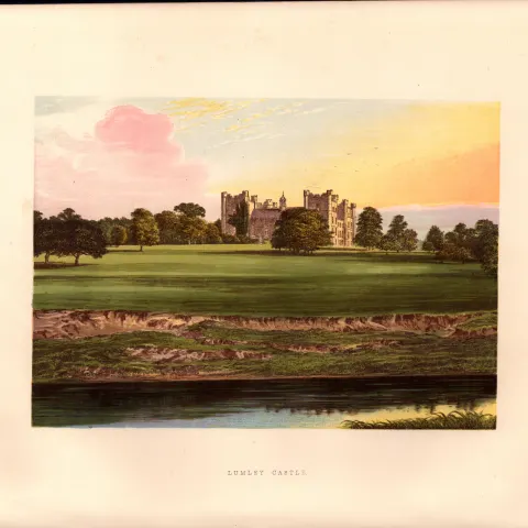 Lumley Castle Chester Le Street Durham  Gilt-Edge Coloured Antique Book Plate.