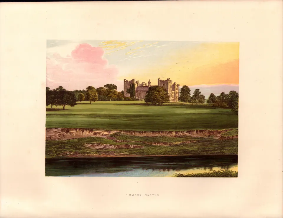 Lumley Castle Chester Le Street Durham  Gilt-Edge Coloured Antique Book Plate.